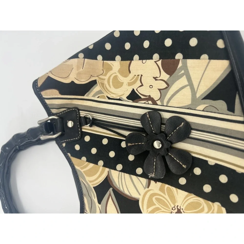 Relic Women's Black‎ Beige Floral Polka Dot Shoulder Handbag Bamboo Handles